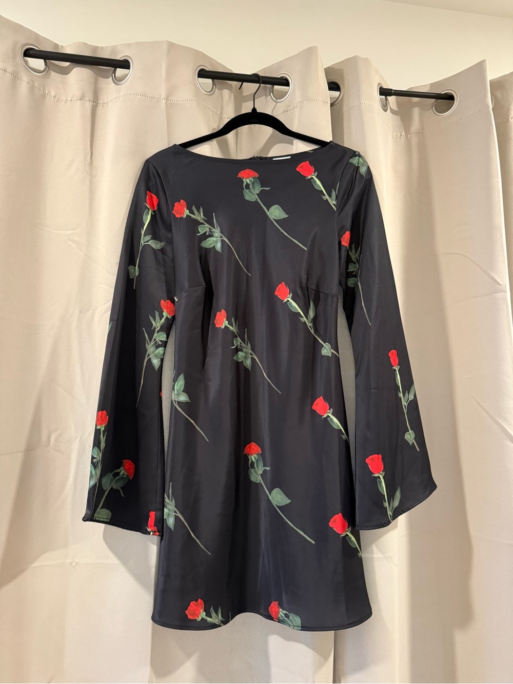 Princess Polly Black Mini Dress with Red Rose Print